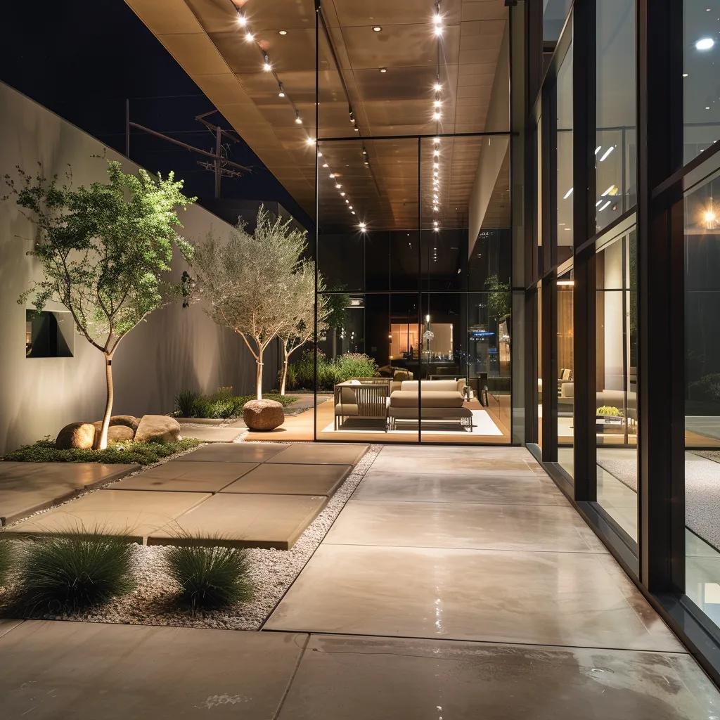 a modern outdoor showroom showcases sleek, eco-friendly custom concrete flooring solutions, illuminated by soft, ambient lighting, with contemporary architectural elements in the backdrop emphasizing innovation in design.