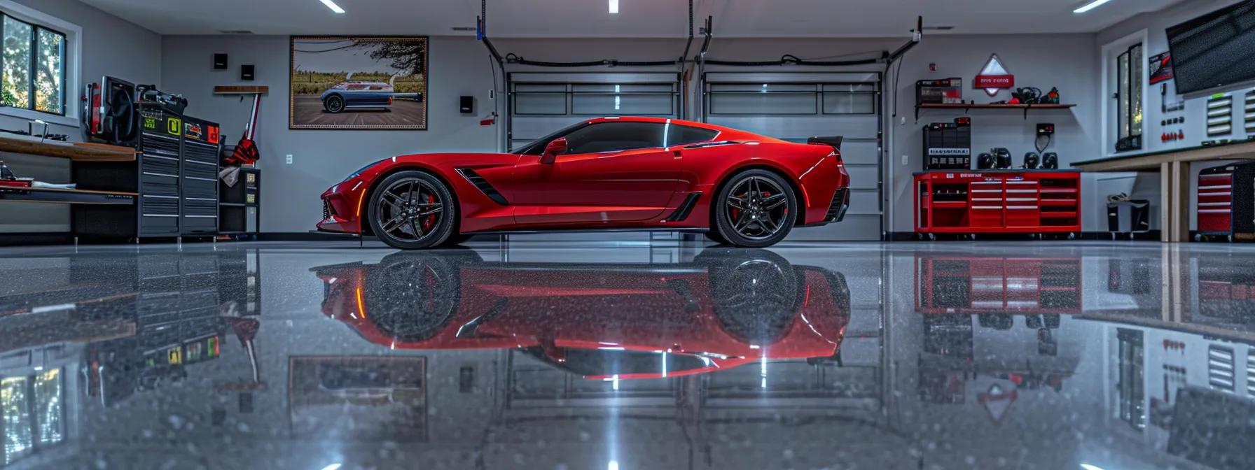 a sleek, modern garage interior showcases a stunning before-and-after transformation of a flawless, glossy floor coating, highlighting the dramatic enhancement of the space’s overall aesthetic and functionality.