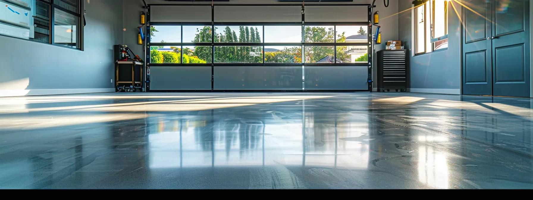 a sleek, modern garage showcasing a stunning transformation with a glossy, vibrant epoxy floor coating, featuring a clear contrast between the dull, unfinished concrete and the radiant new surface, all captured in dynamic, artificial lighting to emphasize its depth and sheen. a sleek, modern garage showcasing a stunning transformation with a glossy, vibrant epoxy floor coating, featuring a clear contrast between the dull, unfinished concrete and the radiant new surface, all captured in dynamic, artificial lighting to emphasize its depth and sheen.