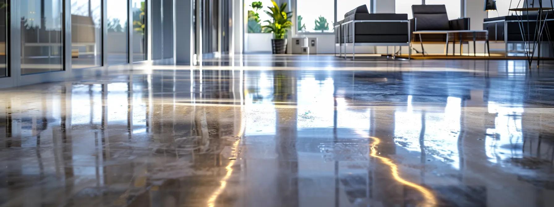 a sleek, modern office space showcasing a vibrant, glossy epoxy floor coating that dramatically transforms the area, emphasizing its impressive durability and clarity in a well-lit, professional setting. a sleek, modern office space showcasing a vibrant, glossy epoxy floor coating that dramatically transforms the area, emphasizing its impressive durability and clarity in a well-lit, professional setting.