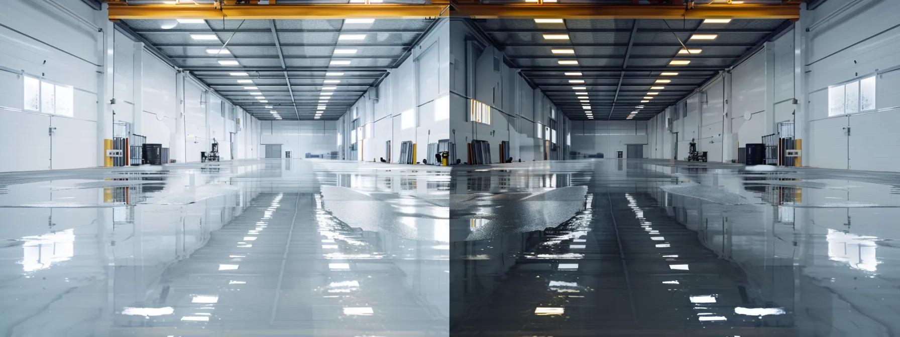 a polished, vibrant epoxy floor shines under bright overhead lights in a modern industrial workspace, showcasing a dramatic before-and-after transformation from dull to radiant. a polished, vibrant epoxy floor shines under bright overhead lights in a modern industrial workspace, showcasing a dramatic before-and-after transformation from dull to radiant.