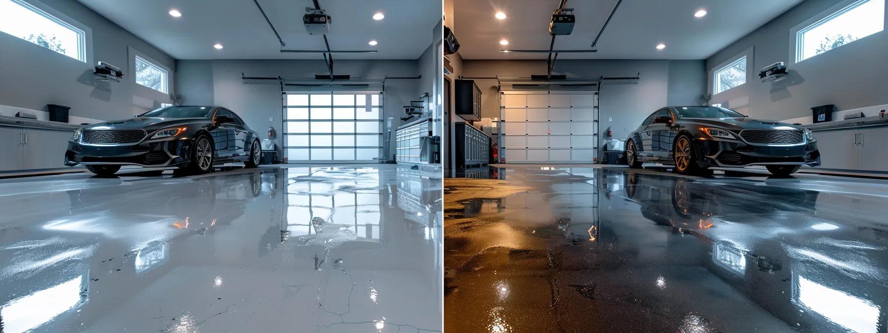 a sleek, modern garage interior showcases a stunning before-and-after transformation, featuring a glossy epoxy-coated floor that gleams under bright, artificial lighting, contrasting with a worn, stained concrete surface on the opposite side.