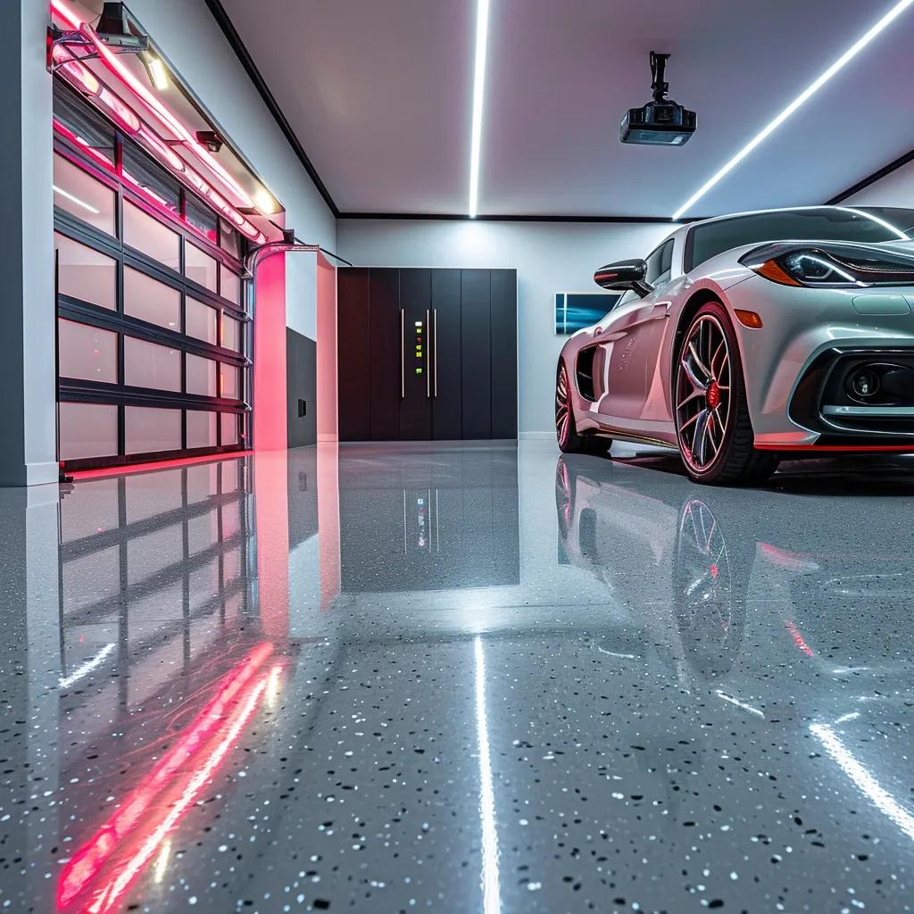 a sleek, modern garage interior showcases a freshly coated floor with a high-gloss, non-slip finish, emphasizing safety and innovation under bright, artificial lighting that enhances the vibrant texture and color of the surface.