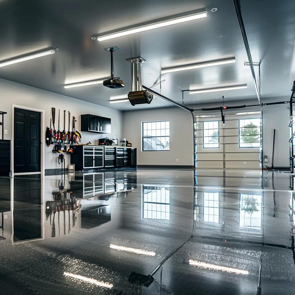 a sleek, modern garage showcases a shiny, resilient epoxy-coated floor, reflecting brilliant overhead lights while neatly arranged tools and equipment create a crisp, organized ambience, emphasizing the durability and stain resistance of the flooring.