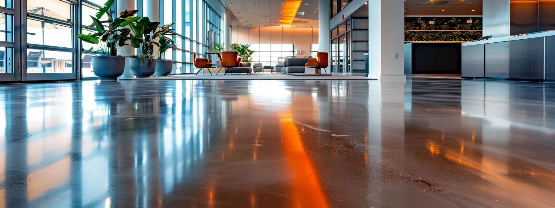 a sleek, modern office space showcases a vibrant, freshly installed epoxy floor gleaming under bright artificial lighting, highlighting its flawless finish and durability in a professional setting. a sleek, modern office space showcases a vibrant, freshly installed epoxy floor gleaming under bright artificial lighting, highlighting its flawless finish and durability in a professional setting.