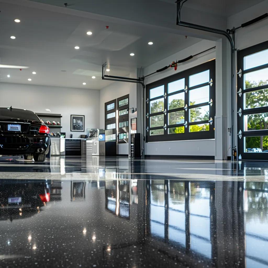 a modern, well-lit garage interior showcases a freshly coated, glossy floor, highlighting various types of floor coatings displayed on sleek, minimalist pedestals alongside samples of textures and colors, emphasizing the transformative benefits of professional garage floor coatings.