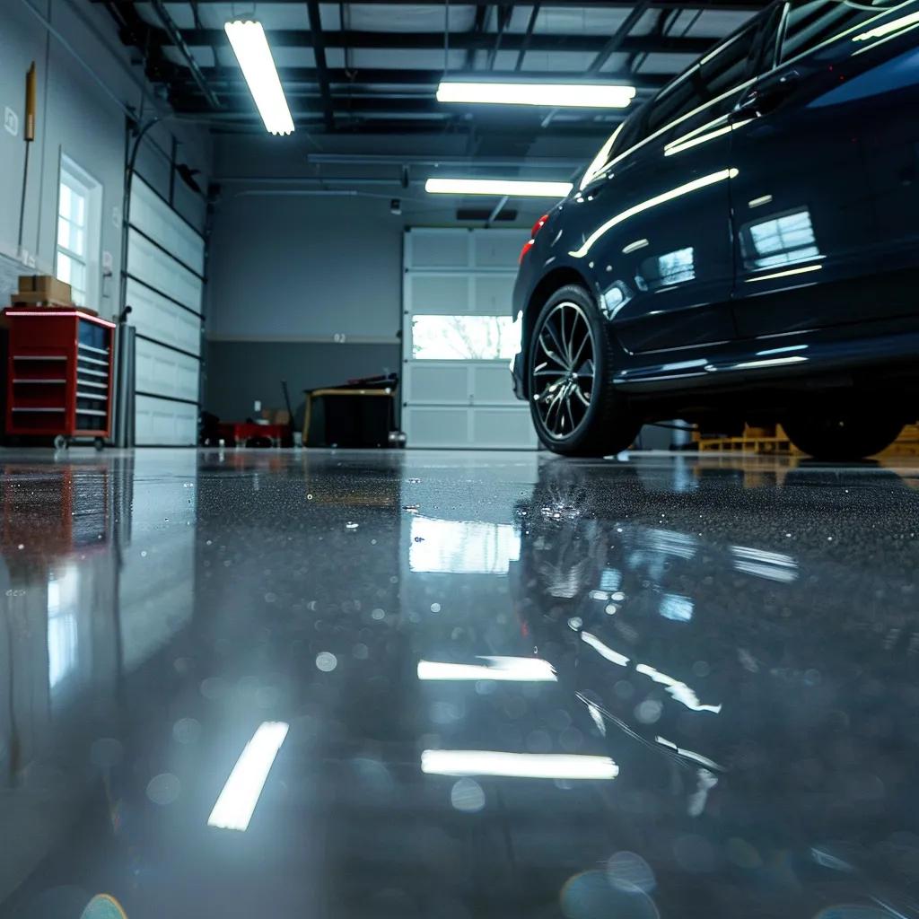 a gleaming, freshly coated garage floor with an industrial backdrop showcases the durability and sleek finish of garage floor coatings, illuminated by bright overhead lights that enhance the vibrant colors and textures.