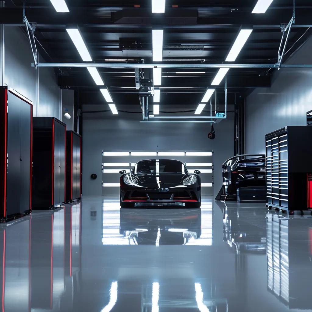 a sleek, modern garage interior showcases an array of vibrant and textured floor coatings displayed on seamless panels, illuminated by crisp overhead lighting that emphasizes the glossy finishes and material diversity.