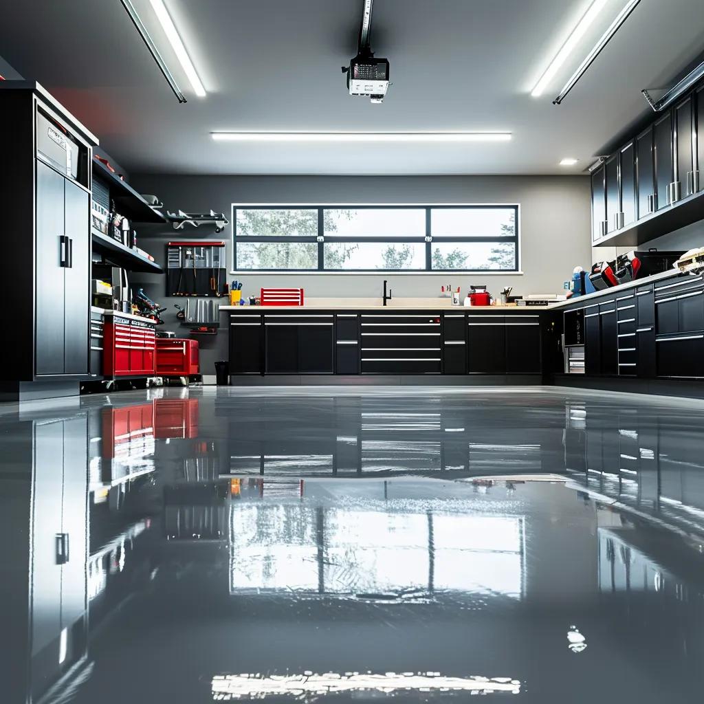 a modern, well-lit garage showcases a sleek, glossy floor coating, emphasizing its pristine condition and showcasing tools and equipment neatly organized around the space, highlighting the investment in long-term durability and aesthetics.