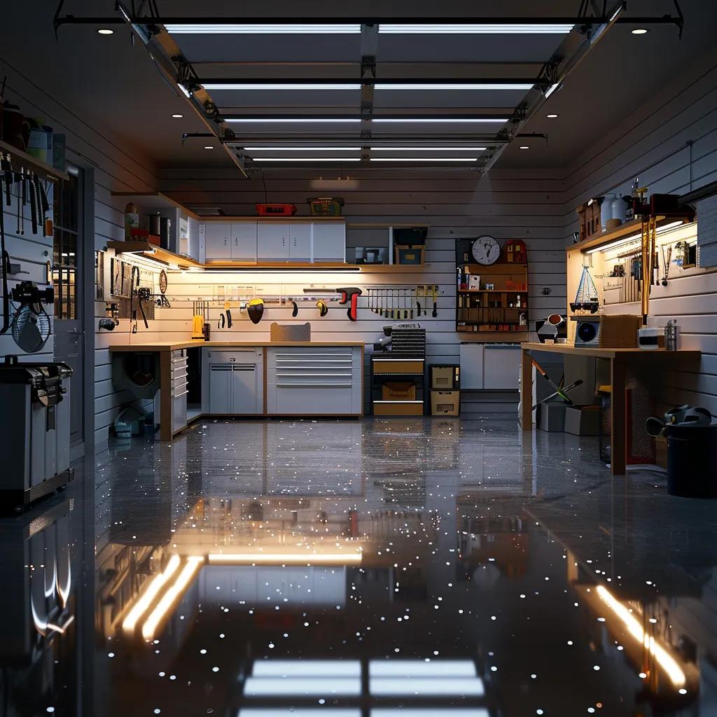 a sleek, modern garage with a freshly coated, glossy floor showcases a variety of diy tools and materials artfully arranged, highlighting the process of achieving a professional finish.
