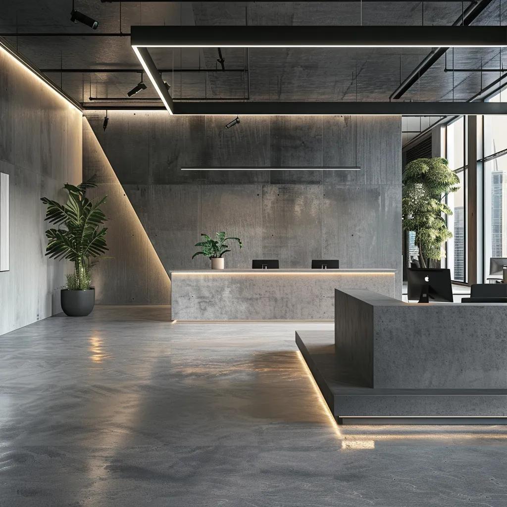 a modern, stylish office interior featuring sleek concrete elements, showcasing the transformative power of absolute artisan's craftsmanship with polished surfaces and contemporary design accents.