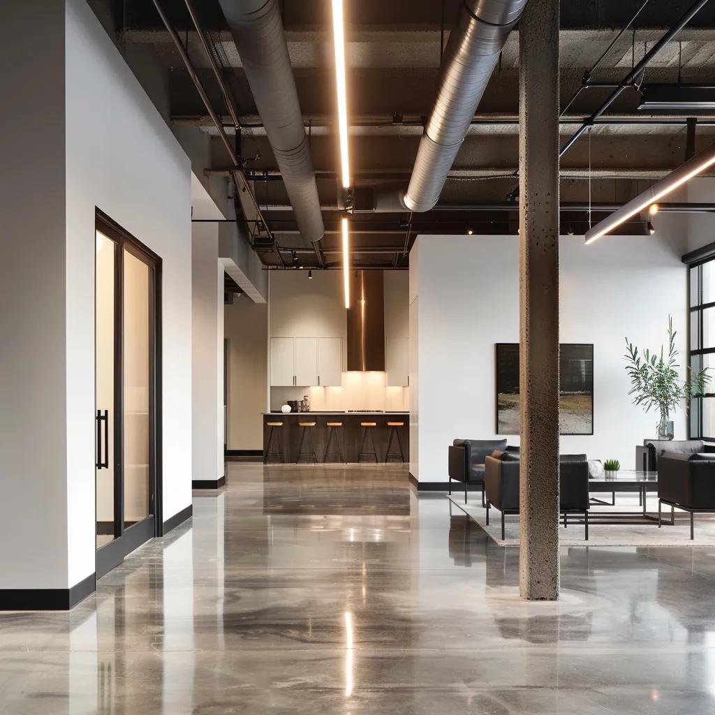 a sleek, modern urban workspace showcases exquisite artisan concrete surfaces, emphasizing their artistry and sophistication through polished finishes and dramatic lighting.