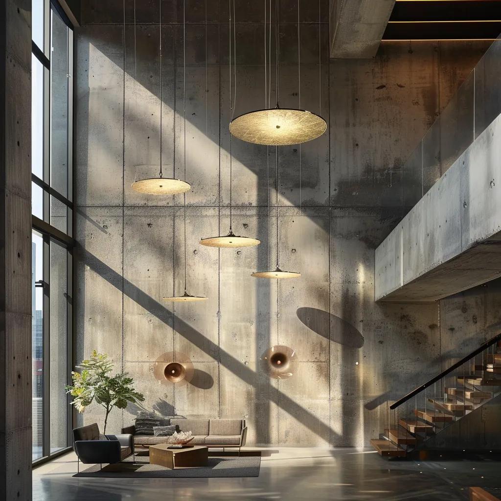 an elegantly designed urban loft showcases striking artisan concrete walls and furniture, illuminated by sleek pendant lighting that accentuates the texture and artistry of the material.