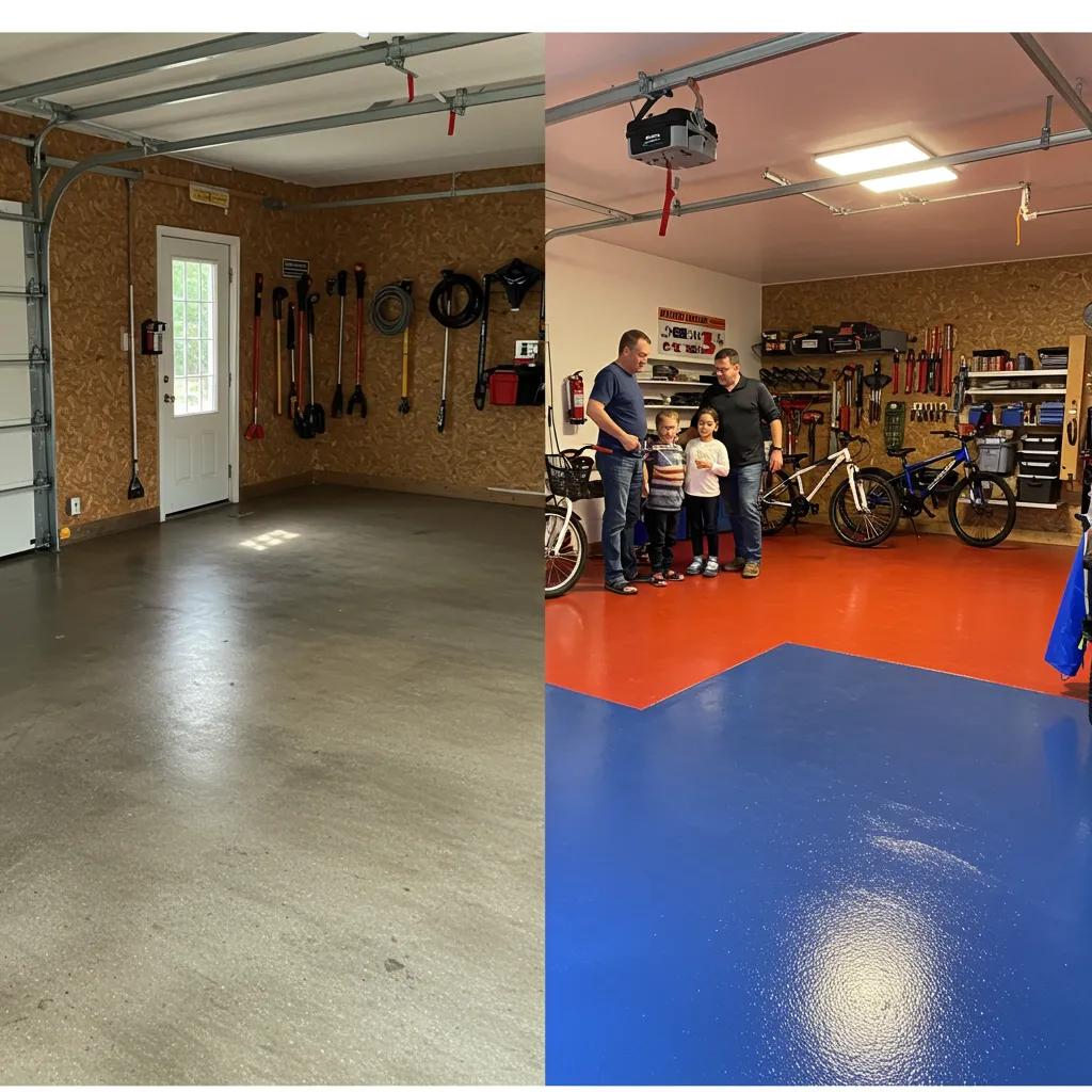 Before and after transformation of a garage floor highlighting improvements