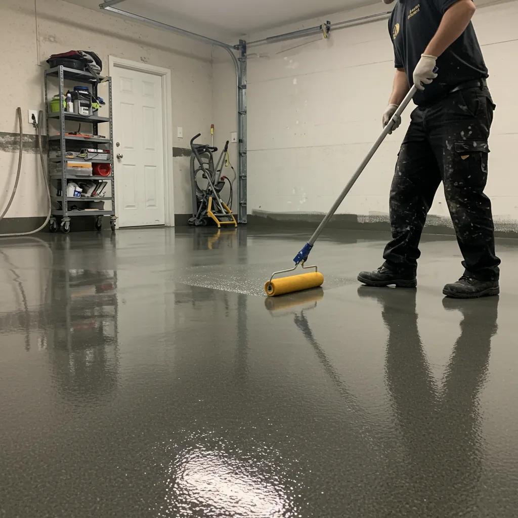 Professional applying polyaspartic floor coating in a garage