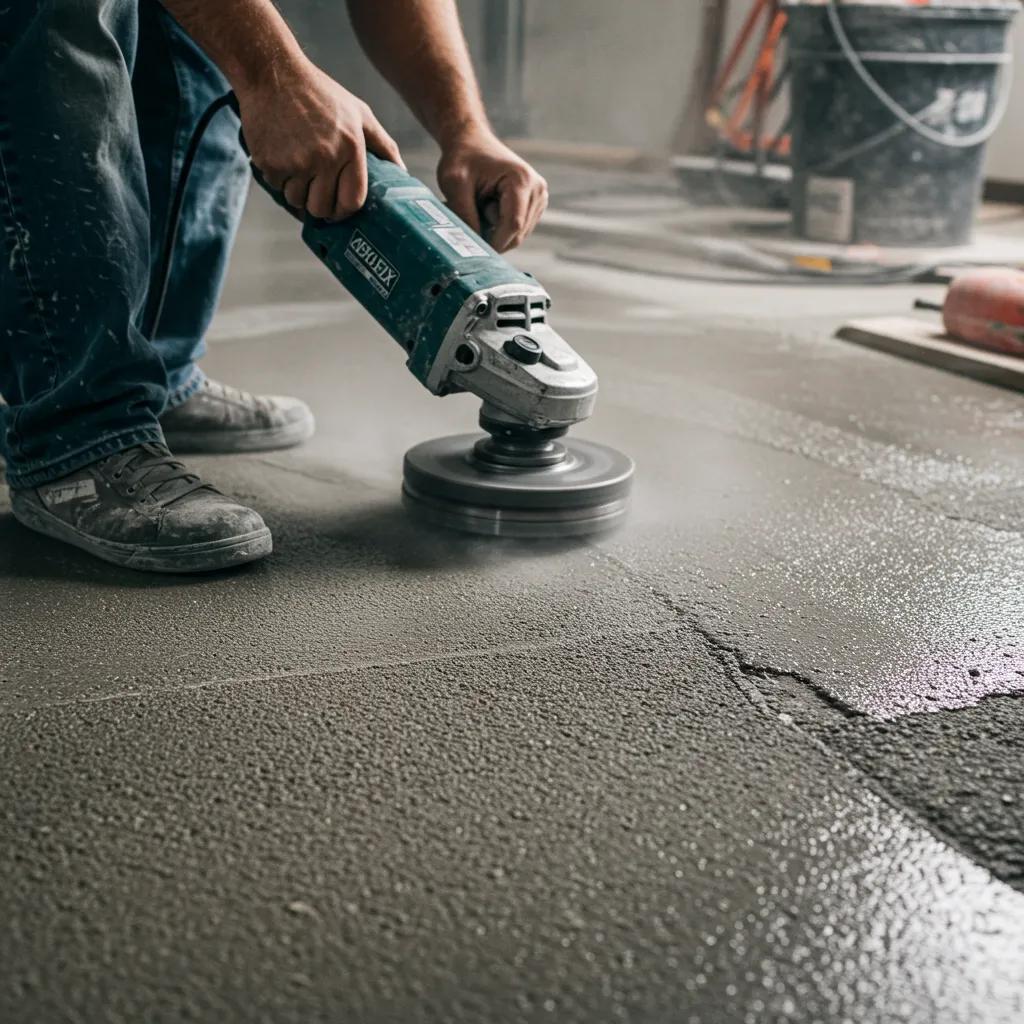 Surface preparation for epoxy garage floor with diamond grinder in action